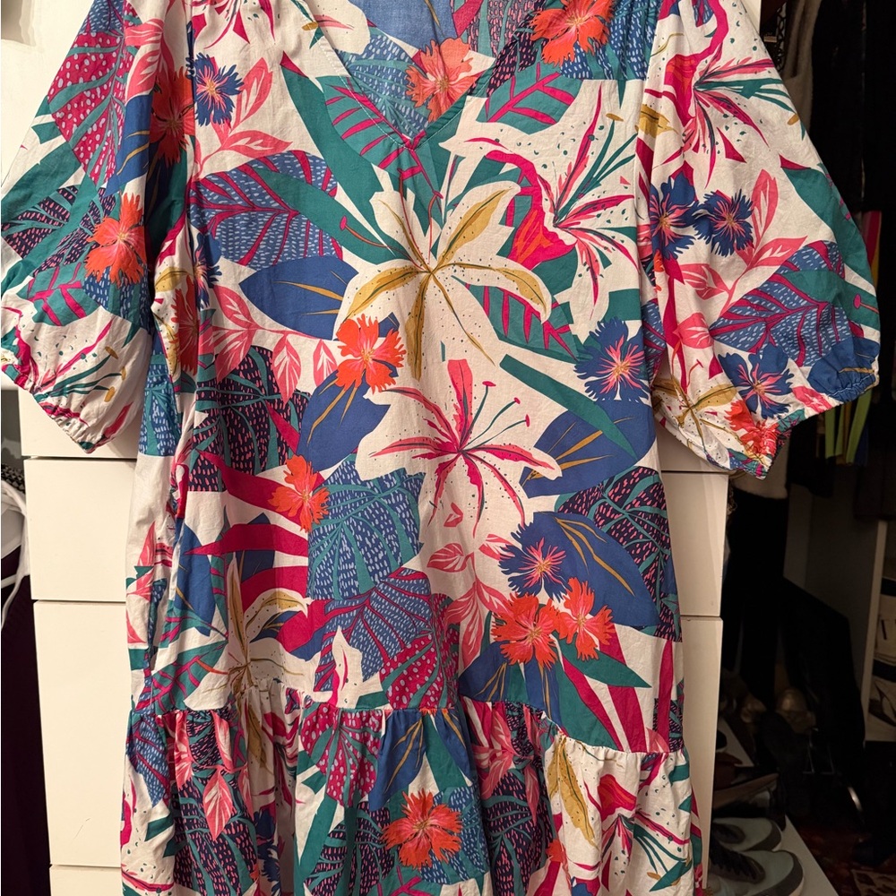 Sundry Floral Mini Dress in White, Teal, Blue, Pink & Orange